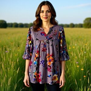 UMGEE PURPLE FLORAL BOHEMIAN TUNIC TOP